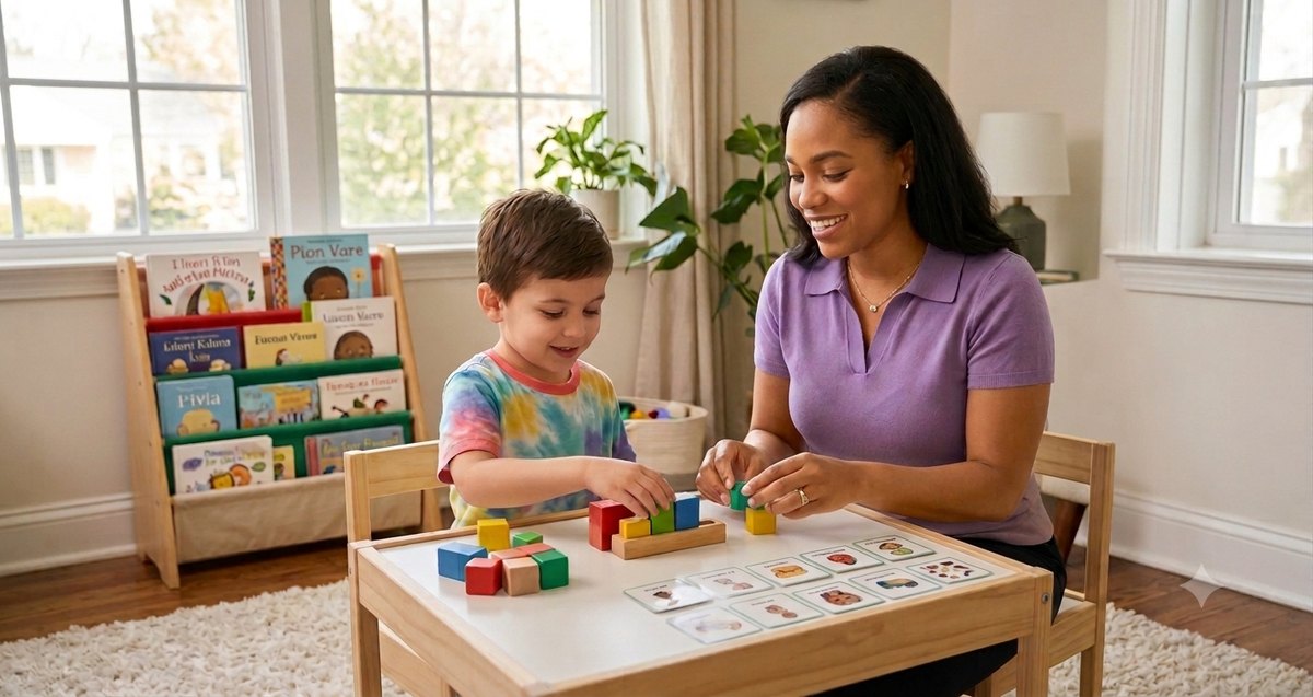 A behavior therapist and a young child playing with wooden blocks and picture cards at a table in a sunlit living room