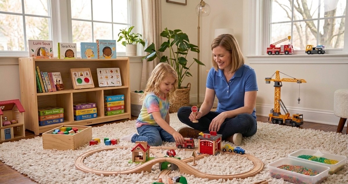 A child and a behavior therapist building a wooden train set together on a living room rug