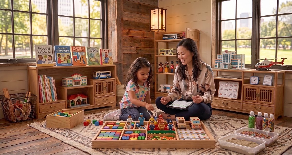 A behavior therapist tracking a child's progress on a tablet during an in-home ABA session on the living room floor